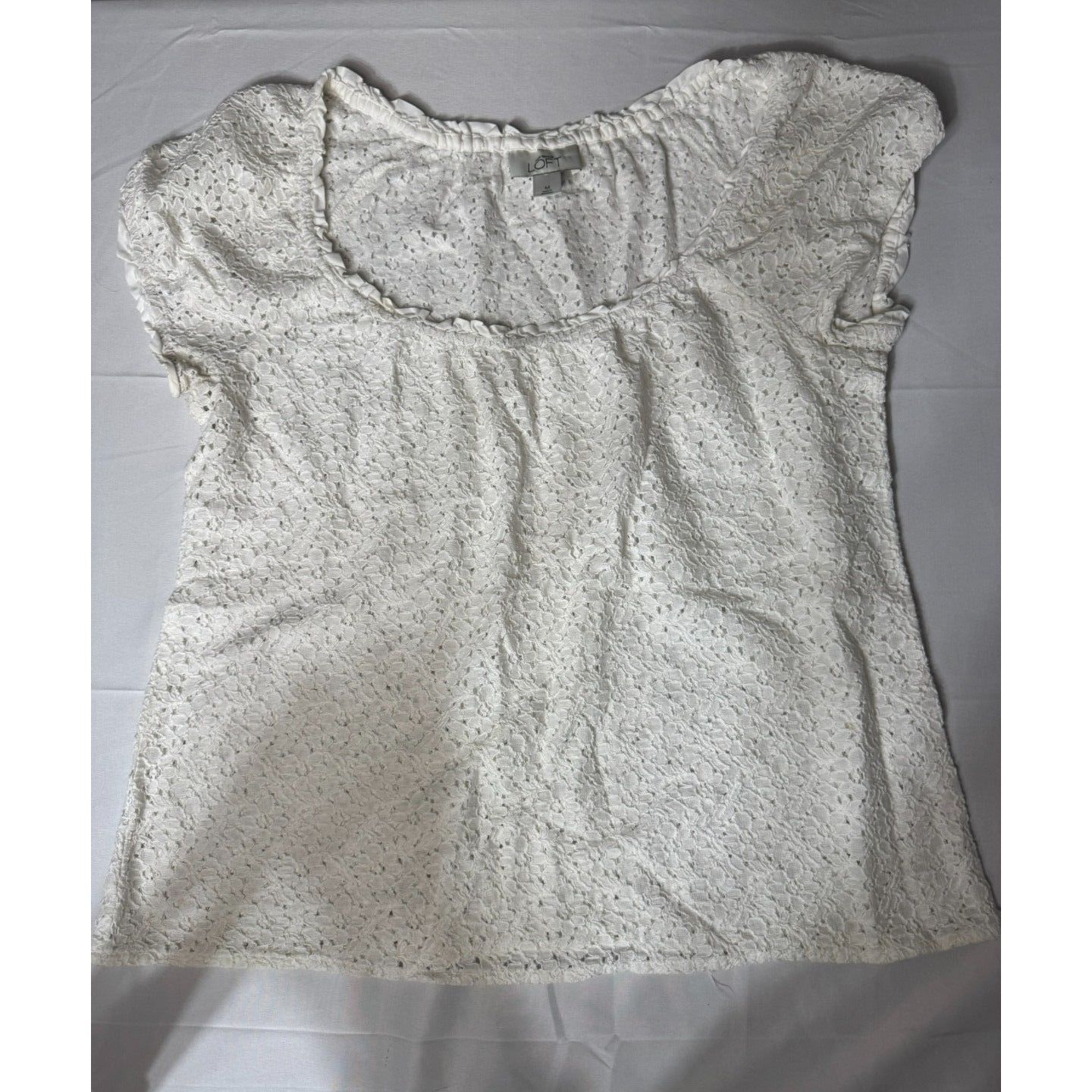 Loft White Lace Blouse Top Womens Medium Short Sleeve Elegant Category